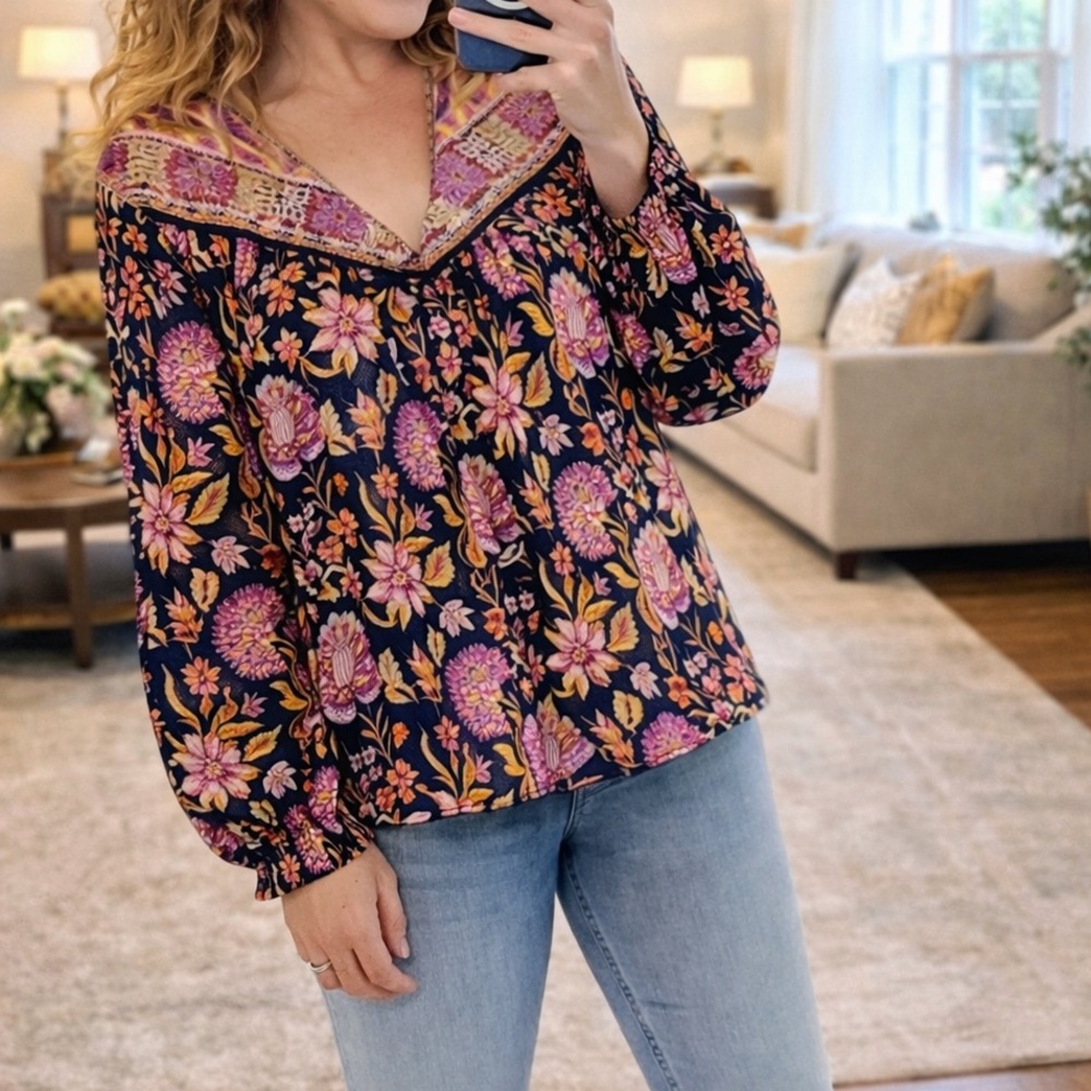 RACHEL ZOE Red Embroidered Boho Floral Long Sleeve Blouse Small/matching tank